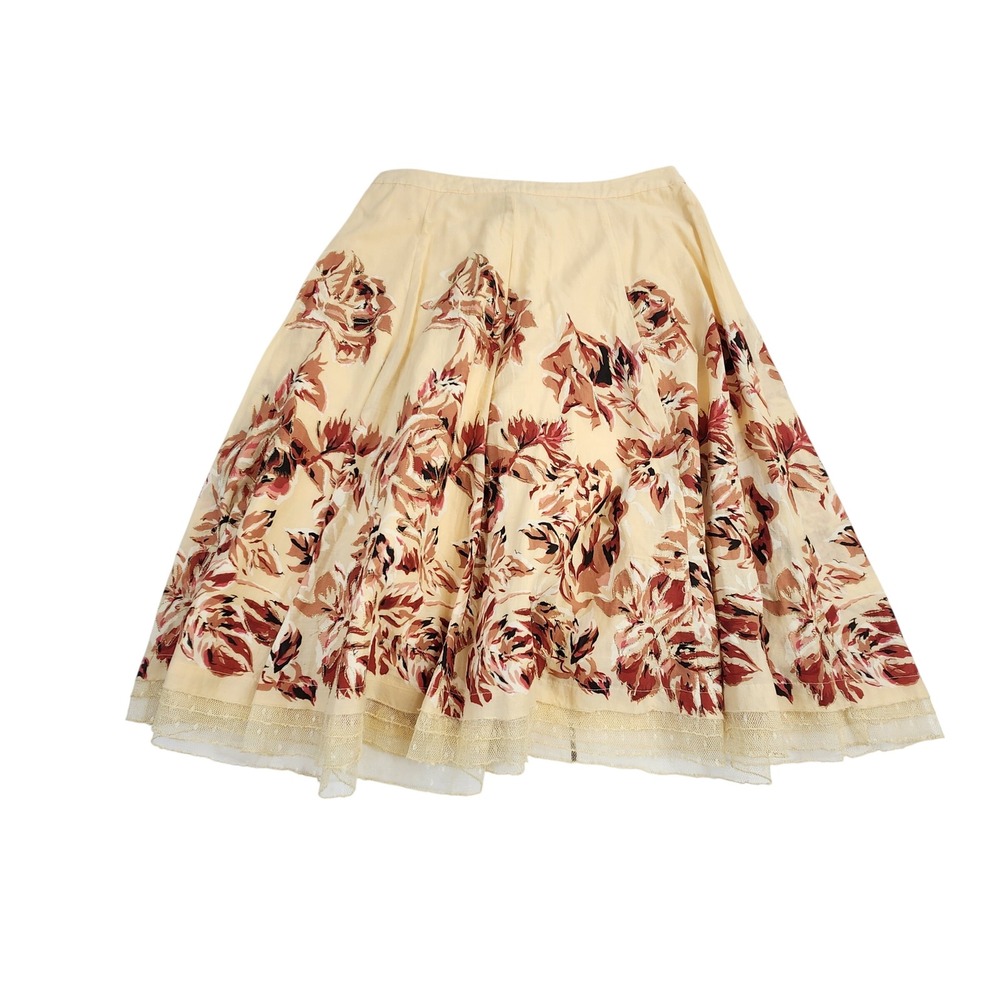 Odille Yellow Floral Midi Skirt Women's Size 4 Lace Trim Cottagecore‎ Feminine